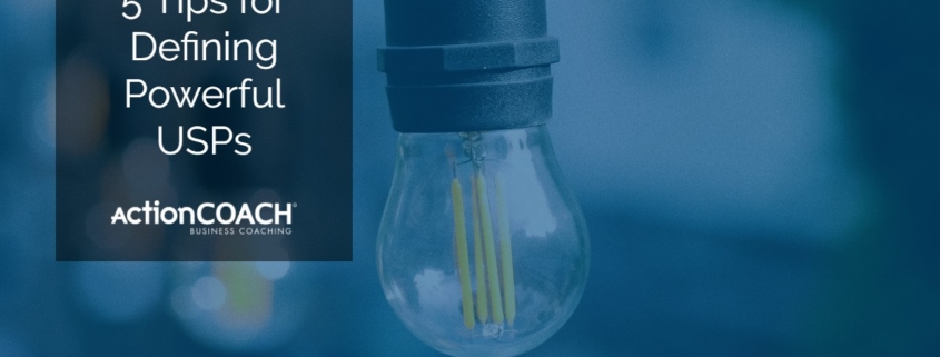 Photo of a lightbulb with a blue overlay box to the left hand side of the image that has "5 Tips for Defining Powerful USPs" written on it.