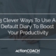 Photograph of someone writing in a diary with a blue overlay and text that reads 3 Clever Ways To Use A Default Diary To Boost Your Productivity