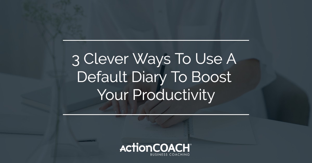 Photograph of someone writing in a diary with a blue overlay and text that reads 3 Clever Ways To Use A Default Diary To Boost Your Productivity
