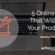 Image of a laptop with a logo of a computer and spanner in red over the top and the words "5 Online Tools That Will Boost Your Productivity" on the right.