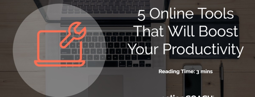 Image of a laptop with a logo of a computer and spanner in red over the top and the words "5 Online Tools That Will Boost Your Productivity" on the right.