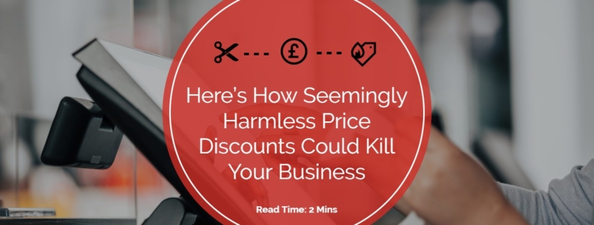Photograph of someone using a till that is overlaid with a red circle. Within that circle are the words Here's How Seemingly Harmless Discounts Could Kill Your Business.