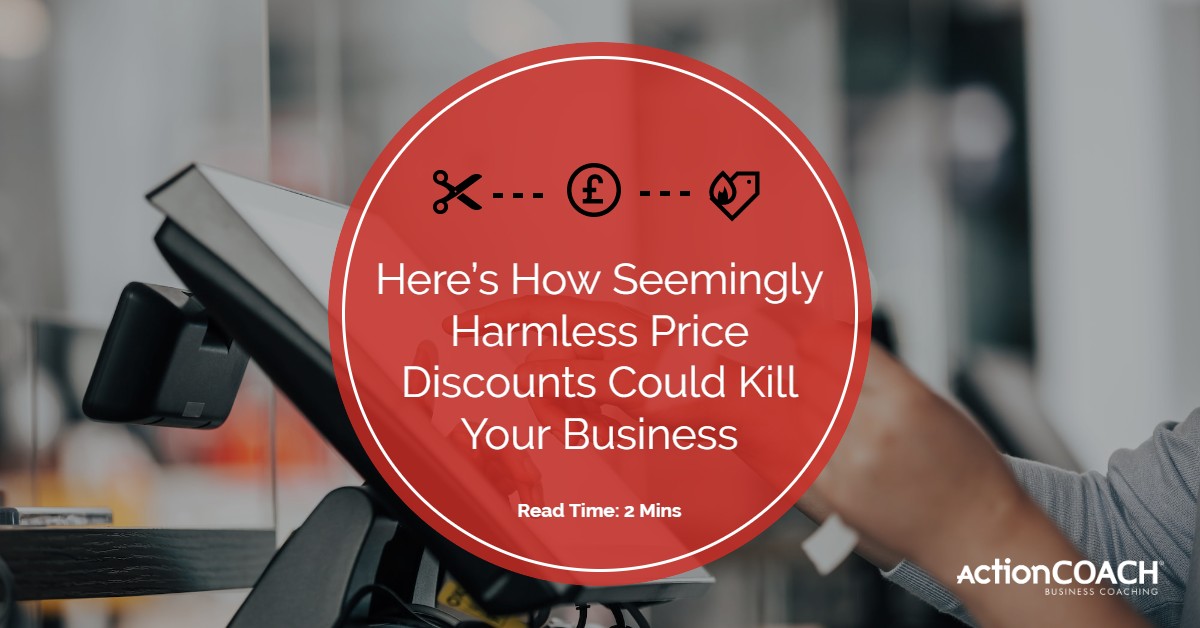 Photograph of someone using a till that is overlaid with a red circle. Within that circle are the words Here's How Seemingly Harmless Discounts Could Kill Your Business.