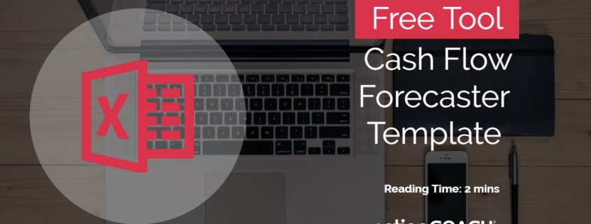 Photograph of a laptop with a large red Excel logo and the words FREE TOOL, Cash Flow Forecaster Template.