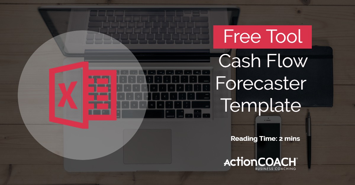 Photograph of a laptop with a large red Excel logo and the words FREE TOOL, Cash Flow Forecaster Template.