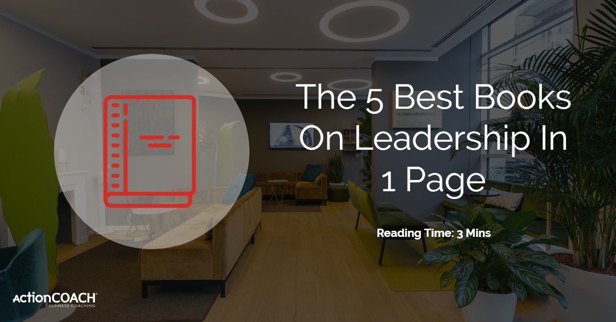 Image of an office with a graphic of a book with text overlay of The 5 Best Books On Leadership in 1 page