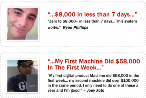 Image on the left shows some examples of testimonials that look dishonest and possibly fake, with clickbait headlines such as "$8,000 in less than 7 days"