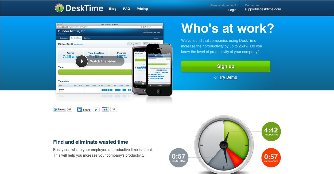 Screenshot of a productivity app called Desktime designed to help business accountability and personal accountability