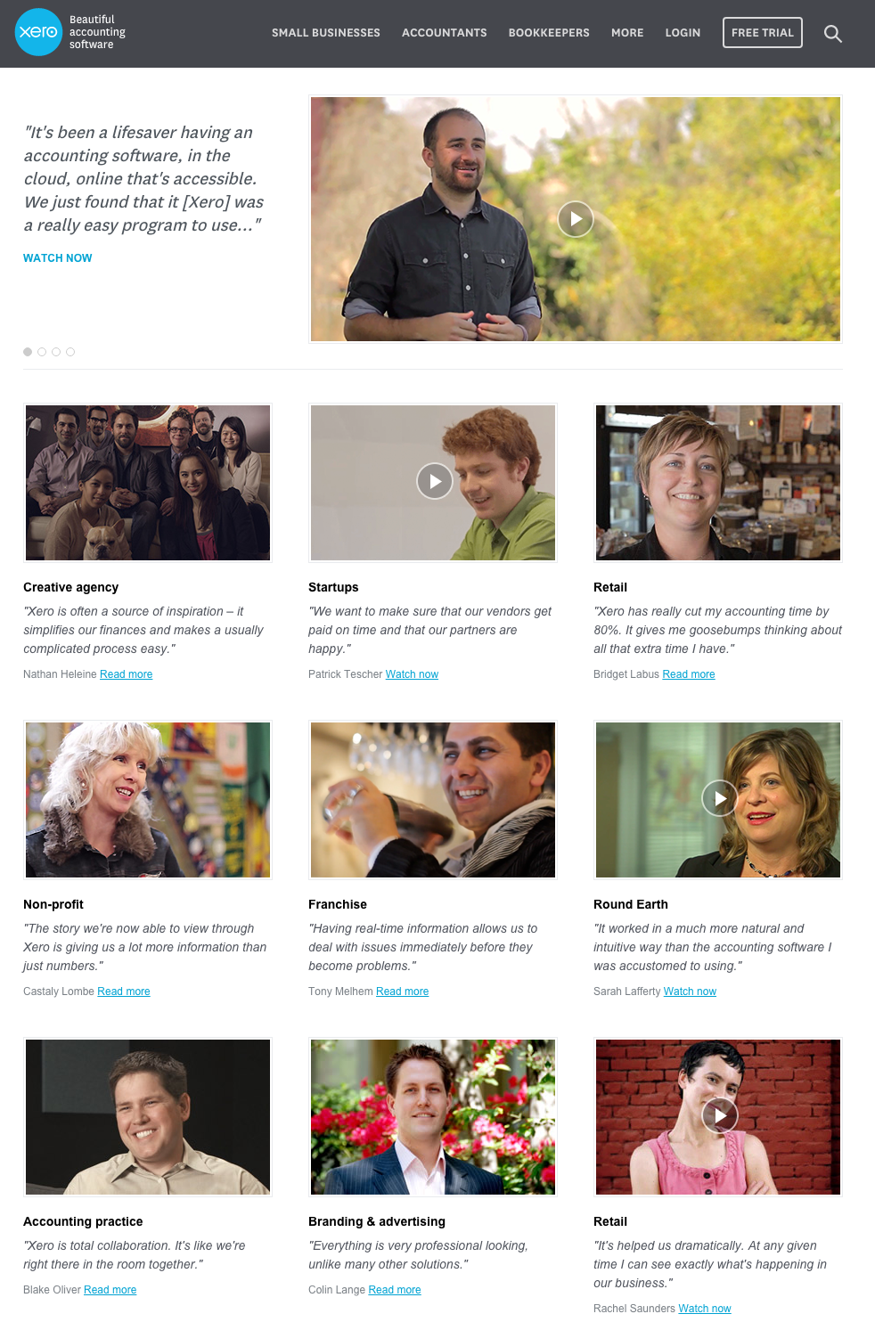 Image of a webpage that has a number of video testimonials from different industries and shows a good range of people to build trust