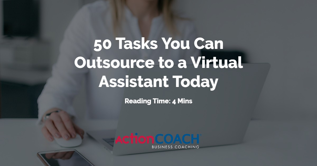 Image of a woman using a laptop with the text 50 Tasks You Can Outsource To A Virtual Assistant Today