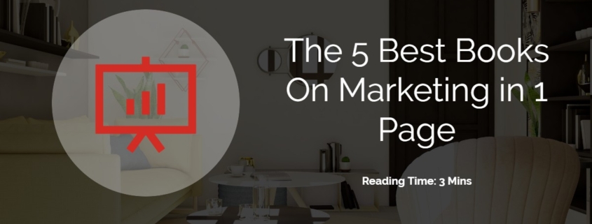 Image of an office with a red graph image overlaid by the text The 5 Best Books On Marketing in 1 Page