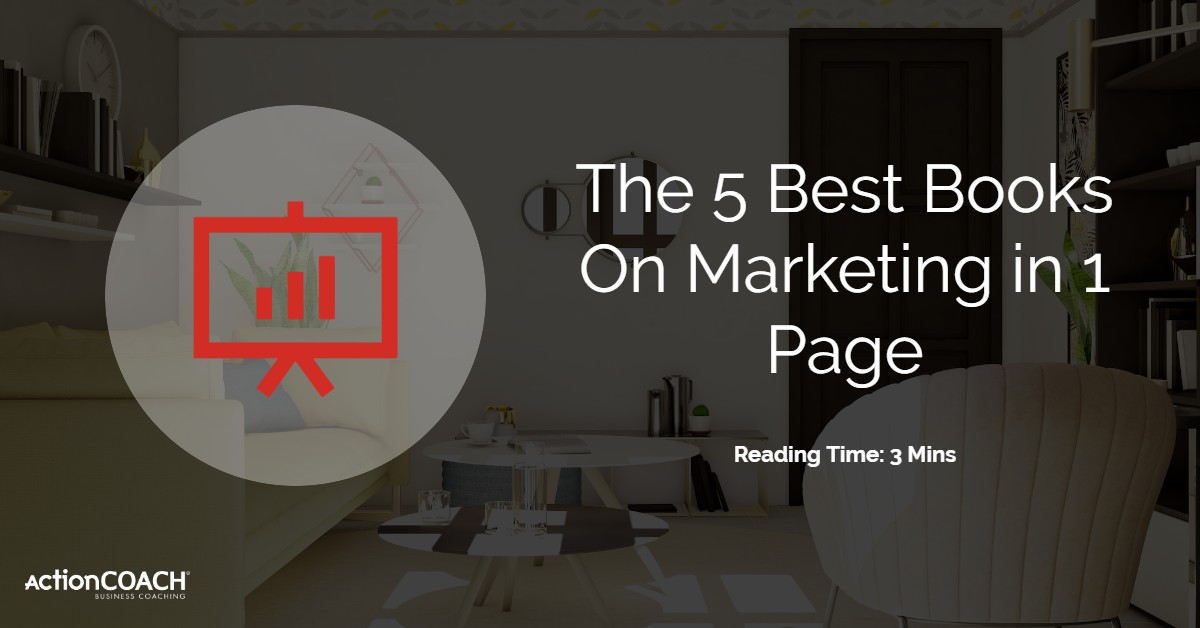 Image of an office with a red graph image overlaid by the text The 5 Best Books On Marketing in 1 Page