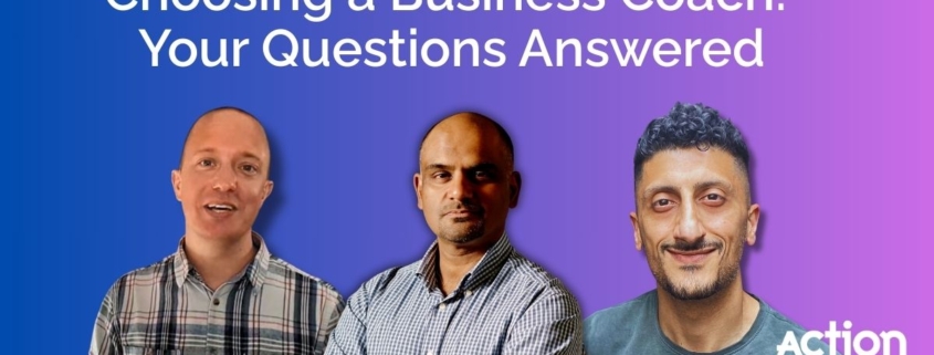 Choosing a business coach – three professional business coaches answering common questions, featured by ActionCOACH on a gradient background