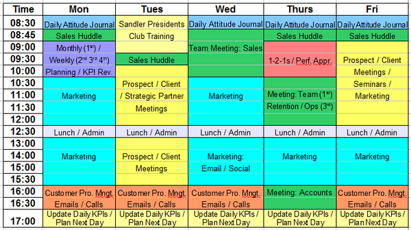 Image of a weekly diary on a computer screen, with colour coded time blocked sections for various tasks